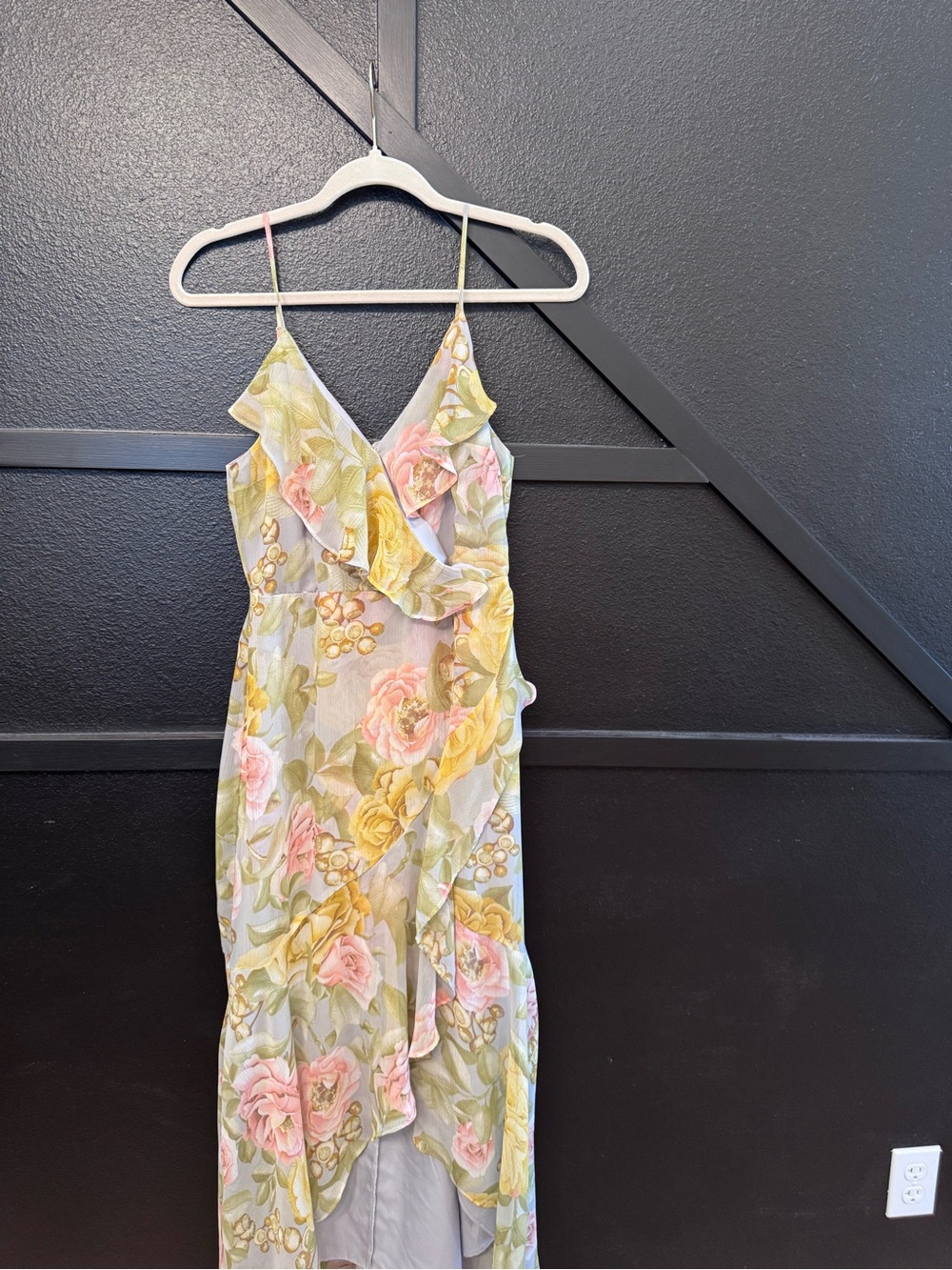 Express Floral Ruffle High-Low Maxi Dress - Pink, Yellow, Green